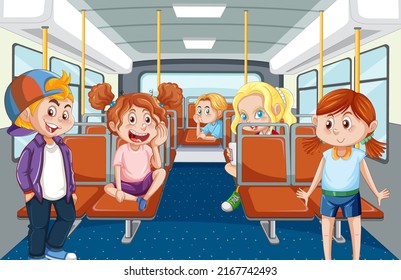 Inside bus with people cartoon illustration