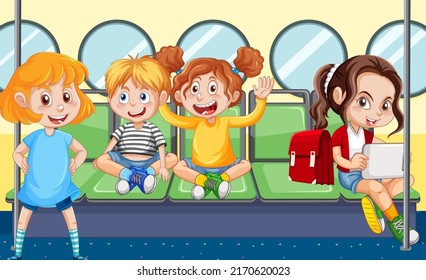 Inside bus with people cartoon illustration
