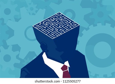 Inside Businessman Brain Maze. Vector Of An Open Head With Labyrinth. Psychology Concept Vector Illustration.