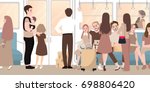 inside busy train full of passenger commuter standing and sitting people using public transportation in rush hour male and female vector cartoon illustration