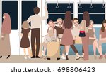 inside busy train full of passenger commuter standing and sitting people using public transportation in rush hour male and female vector cartoon illustration