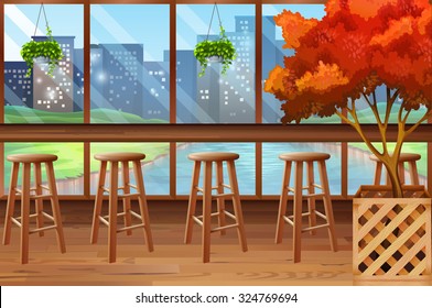 Inside of cafe with bar and stools illustration