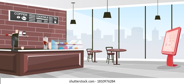 Inside Cafeteria Flat Color Vector Illustration. Industrial Coffee Shop Indoors. Restaurant With Furniture And Self Service Kiosk. Cafe 2D Cartoon Interior With Window On Background