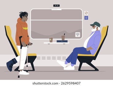 Dentro de um calmo compartimento de trens, um jovem com muletas sentadas do outro lado de um homem idoso, Cada um absorvido em seus pensamentos, eles compartilham o espaço, destacando um momento de coexistência