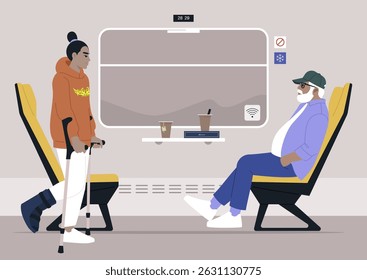 Inside a calm train compartment, a young person with crutches sitting down across from an elderly man, Each absorbed in their thoughts, they share the space, highlighting a moment of coexistence