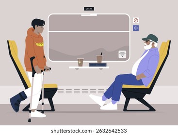 Inside a calm train compartment, a young person with crutches sitting down across from an elderly man, Each absorbed in their thoughts, they share the space, highlighting a moment of coexistence