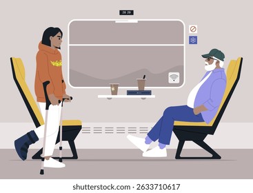 Inside a calm train compartment, a young person with crutches sitting down across from an elderly man, Each absorbed in their thoughts, they share the space, highlighting a moment of coexistence