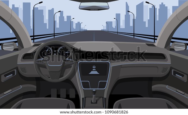 Inside car driver view with\
rudder, dashboard front panel and highway in windshield cartoon\
highway vector illustration. Interior of automobile, drive speed\
car