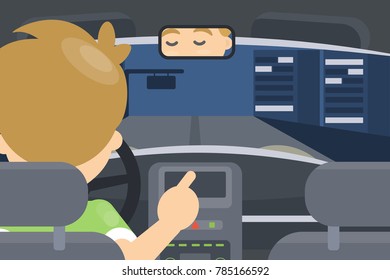 Inside the car. Driving at night in the dark.