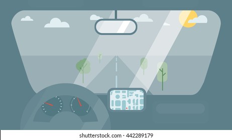 Inside car interior with wheel, speedometer, gps navigator. Vehicle background with view of road in window. Vector