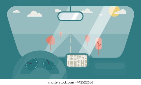 Inside car interior with wheel, speedometer, gps navigator. Vehicle background with view of road in window. Vector