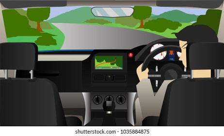 Inside car man is driving to travel with navigator of car.