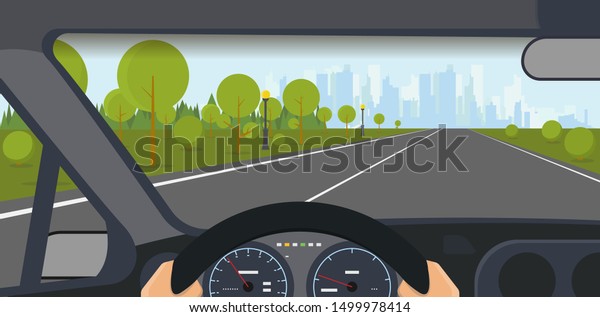 Inside car view. Modern car
interior with steering wheel and hands. Highway to big city with
skyscrapers and park. Speedometer and safe journey vector
illustration. 