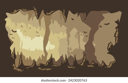 inside cave illustration template with stalactites and stalagmites vector background.