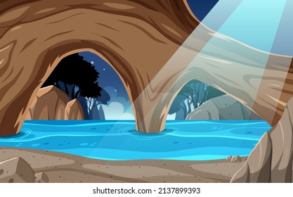 Paisaje de las cuevas interiores en ilustración de estilo de dibujos animados
