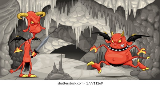 Inside the cavern with funny devils. Cartoon and vector illustration. 