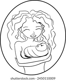 Inside the circle there are two characters depicted - a mother with curly hair and her child wrapped in a diaper. The art is suitable for decorating holidays, such as Mother's Day.