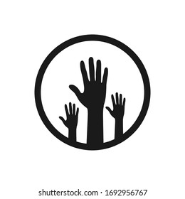 Inside the circle are three raised hands with the palm spread out, an empty outline isolated on a white background, a flat modern design. Stock illustration