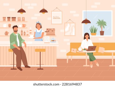 Inside coffee house. Guy sitting at the bar, barista carrying coffee, girl sitting with cappuccino and working on laptop in cozy cafe. Coffeeshop interior, vector illustration.