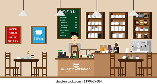Inside a coffee shop with a bartender standing behind the counters with coffee maker equipment. Editable vector flat design. Suitable for motion asset and avatar. 