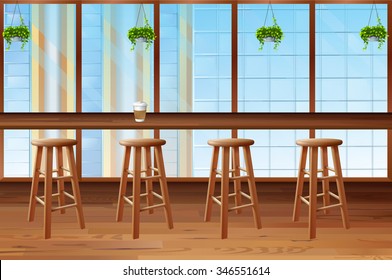 Inside of coffee shop with glass window illustration