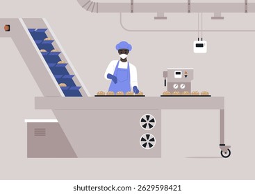 Dentro de uma instalação de processamento de alimentos contemporânea, um trabalhador dedicado com um uniforme azul e rede capilar gerencia habilmente produtos assados que se movem ao longo de uma correia transportadora, garantindo qualidade e eficiência