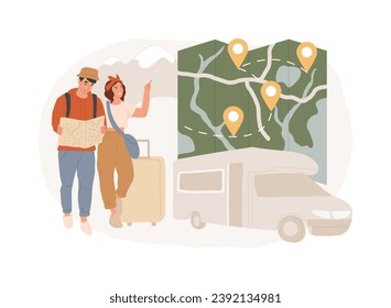 Ilustración vectorial de concepto aislado en el interior del país. Turismo local, explorar su país, camping familiar, caravana, viaje por carretera, información turística, concepto de vectores de estilo de vida.