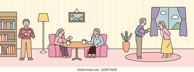 Inside a cozy nursing facility. The elderly are living a comfortable and enjoyable old age together. outline simple vector illustration.