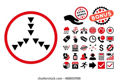 Inside Direction icon with bonus symbols. Vector illustration style is flat iconic bicolor symbols, intensive red and black colors, white background.