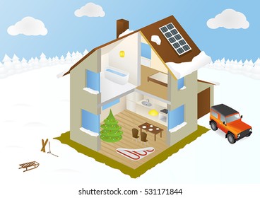 Inside the eco home in winter. Infographic with cutaway diagram of  house with interior of rooms.
