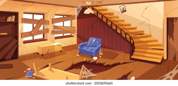 Inside empty abandoned room in desolated house. Destroyed home interior with broken staircase, cracked wall and boarded window. Dirty, dilapidated and damaged indoor. Colored flat vector illustration