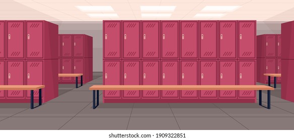 Inside empty dressing or locker room in sports school or gym. Interior design of public place for changing clothes with locked personal storage boxes and benches. Colored flat vector illustration