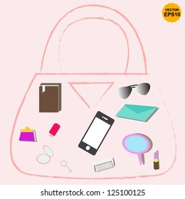 Inside everyday woman bag. Vector, EPS10