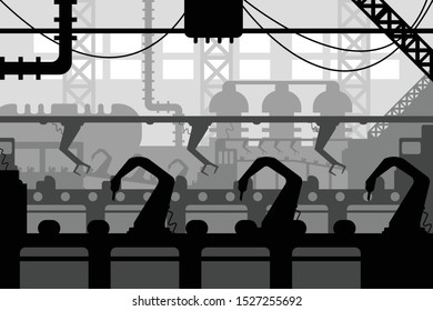 Inside the factory scene.
Manufacture industry interior. Manufacturing process and factory machines. industry, assembly line, conveyor. Vector illustration in black white grey colors.