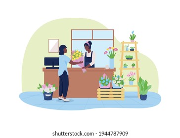 Inside florist store 2D vector web banner, poster. Happy african american american women in flower shop flat characters on cartoon background. Kiosk printable patch, colorful web element