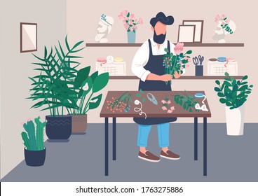 Inside flower shop flat color vector illustration. Course on floristry. Man arranging flowers. Creative hobby for relaxation. Professional florist 2D cartoon character with interior on background