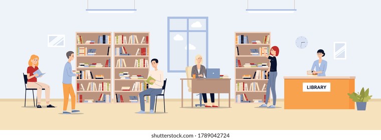 Inside Furnishing Of Modern Public Library With People Reading Books Against Background With Bookshelves, Flat Vector Illustration. Library Reading Hall And Reception.