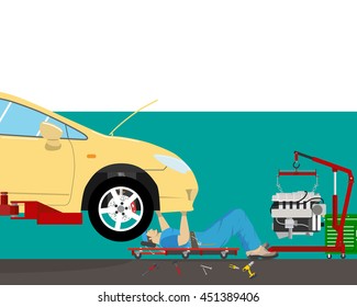 Inside the garage, the mechanic lying under the car doing repairs. Car repair. Vector illustration