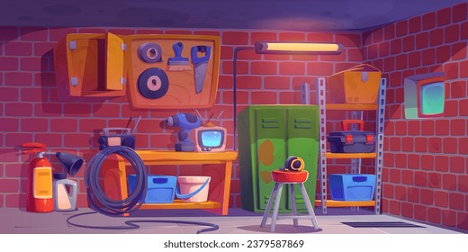 Inside garage workshop interior cartoon vector illustration. Brick wall in house building storeroom with window and maintenance equipment. Metal rack for box near locker and board scene with nobody