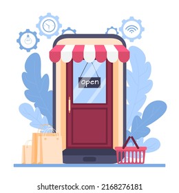 In einem riesigen Smartphone eine Tür zu einem Online-Shop mit einem "offenen" Schild. Online-Shopping über Smartphone-App, Mobile Payment, E-Commerce. Vektorgrafik
