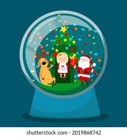 Inside a glass decorative ball Mrs. Santa Claus and a reindeer and Santa Claus with a gift. The atmosphere of comfort, holiday, Christmas, miracle and family warmth in a cartoon style. 