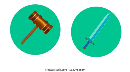 Inside the green circles are a hammer and a sword.