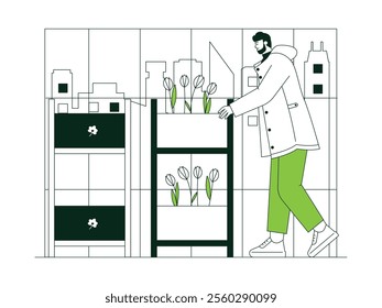 Inside the greenhouse young man is checking the flowers he grows in a large potted planter with two levels, containing tulip plants, urban farming vector illustration.