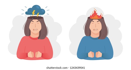 Inside woman’s head concept. Anger aggression metaphor. Thunderstorm, dark cloud and lightning or burning fire instead of brain. Negative mood and bad temper. Vector illustration isolated on white