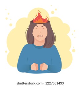 Inside woman’s head concept. Angry aggressive girl, fire and flame in place of brain. Negative mood and bad temper metaphor, burning thoughts. Vector illustration isolated on white