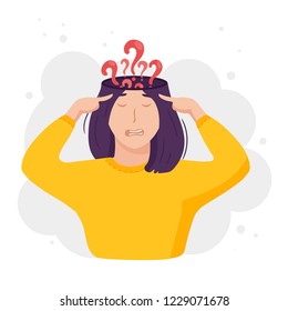 Inside woman’s head concept. Girl overwhelmed with questions. Open mind with question marks burst outside. Vector illustration isolated on white