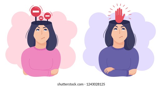 Inside Woman’s Head Concept. Mind Restrictions And Internal Boundaries Or Control And Self Discipline Metaphor. Stop Signs And Red Hand. Vector Illustration Isolated On White