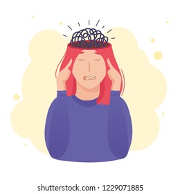 Inside woman’s head concept. Tangled thoughts, brain knot, overthinking problem.Mental health design. Vector illustration isolated on white