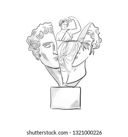 Inside head of David female sculpture. Man thinking about woman. Surrealistic drawing with philosophical meaning. 