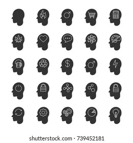Inside head glyph icons set. Human mind. Silhouette symbols. Thoughts about love, business, money, art, science, alcohol, drugs. Vector isolated illustration